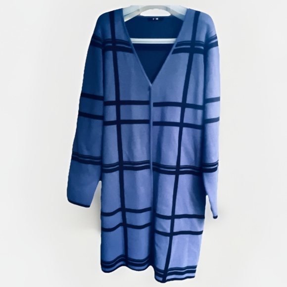 YEST Europe 🇳🇱 Viscose Open-Front Cardigan Black Check on Blue Mid Length M - Picture 4 of 13